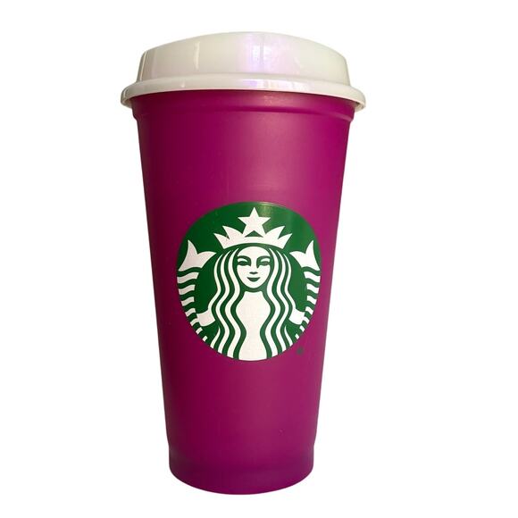 Starbucks Magenta Travel Mug w/ Green Logo & Iridescent Lid EUC - Picture 2 of 9